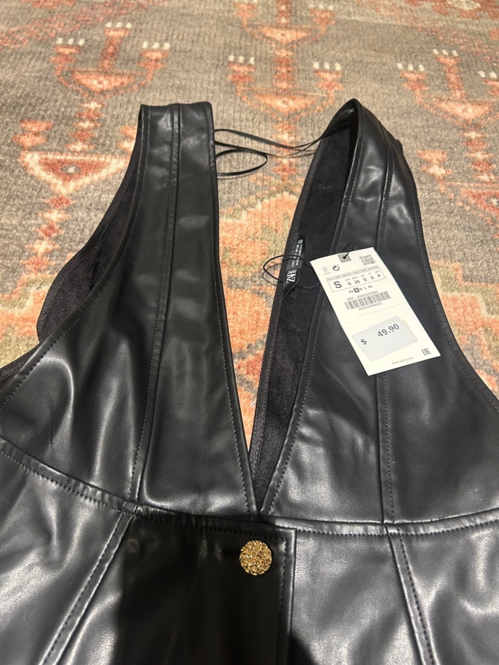 Zara Black Faux Leather Mini Pinafore Dress with Gold Buttons - Picture 4 of 5